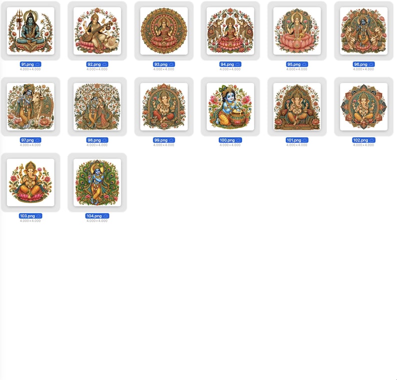 K&ouml;nnte beinhalten: Eine Sammlung von vierzehn quadratischen digitalen Illustrationen verschiedener hinduistischer Gottheiten wie Shiva, Saraswati, Lakshmi, Ganesha und Krishna, jeweils dargestellt mit komplizierten Blumenr&auml;ndern, leuchtenden Farben und detaillierten traditionellen Verzierungen.