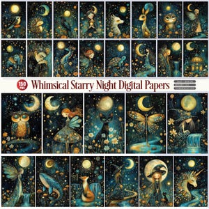 Pode incluir: Uma coleção de 150 papéis digitais intitulados Whimsical Starry Night Digital Papers, apresentando várias ilustrações de animais, figuras e cenas naturais contra céus noturnos azul-escuros com luas, estrelas e elementos florais brilhantes.