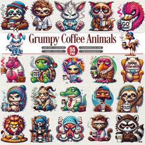 Grumpy Coffee Animals Clipart Bundle 55 PNG-seriefigurer