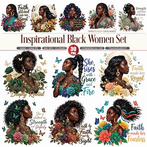 May include: A set of 30 digital illustrations featuring portraits of Black women surrounded by floral arrangements and butterflies. Each portrait has a unique hairstyle and jewelry, with inspirational quotes like "Faith stitched into her Soul".
