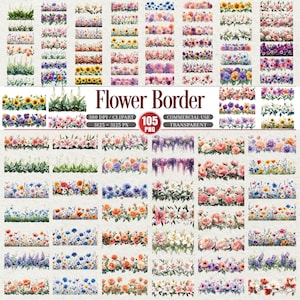 Puede incluir: Una colección de 105 gráficos de bordes de flores PNG en varios estilos y colores. La imagen incluye el texto "Flower Border" y detalles sobre la resolución y el uso comercial.