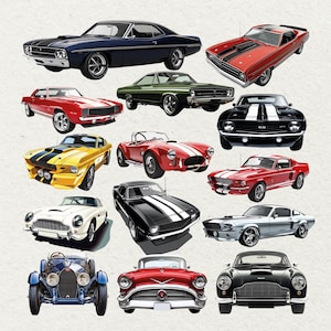 May include: A selection of classic cars in various colours, including blue, red, green, yellow, black, and white. The image features a variety of vintage automobiles, showcasing different body styles and designs, ideal for car enthusiasts.