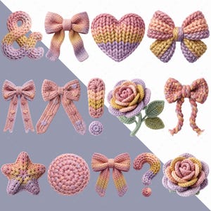 May include: A selection of handmade crochet items in pink, yellow, and purple. The collection features bows, hearts, flowers, a star, a circle, an ampersand, and a question mark. The items are displayed against a light grey backdrop.