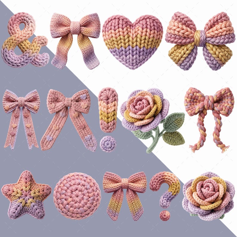 May include: A selection of handmade crochet items in pink, yellow, and purple. The collection features bows, hearts, flowers, a star, a circle, an ampersand, and a question mark. The items are displayed against a light grey backdrop.