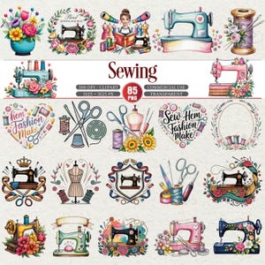 Könnte beinhalten: Eine Sammlung von Aquarellillustrationen mit Nähmaschinen, Garnrollen, Scheren und Blumenarrangements. Das Wort "Sewing" ist prominent dargestellt, zusammen mit dem Text "Sew Hem Fashion Make". Die Bilder sind in verschiedenen Farben, darunter Rosa, Blau und Gelb.