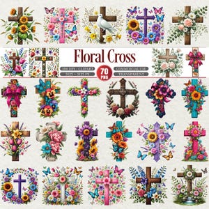 May include: A collection of 20 floral cross designs. Each cross is decorated with flowers, butterflies, and other decorative elements. The crosses are in various colors, including pink, blue, purple, and yellow. The text "Floral Cross" is displayed in the center.
