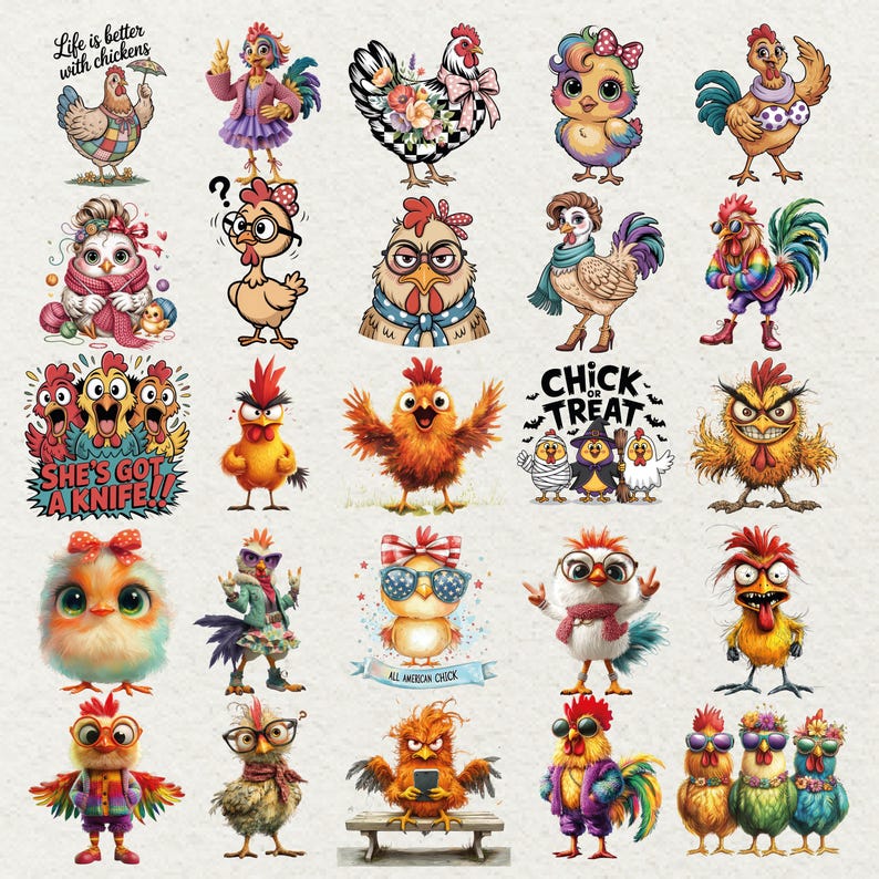 May include: A collection of colorful chicken and rooster illustrations. Some designs feature text like "Life is better with chickens," "She's got a knife!," and "Chick or Treat." The images showcase various styles, including cartoon and whimsical designs.