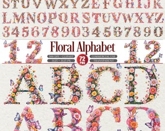 Set di clipart con alfabeto floreale e lettere e numeri floreali