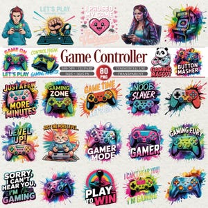 Puede incluir: Una colección de 20 ilustraciones digitales coloridas con mandos de videojuegos, jugadores y frases relacionadas con los juegos. Los diseños incluyen una mascota panda, un corazón de píxeles y el texto "Game Controller".