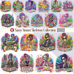 Op de afbeelding: Een digitale collectie van 80 kleurrijke illustraties met skeletten met levendig haar, cannabisbladeren en bloemen. Elke afbeelding bevat tekst zoals Good Days & Green Haze, Toke Pretty, Wake & Bake en Chiefin Queen, tegen heldere, gespatte achtergronden.