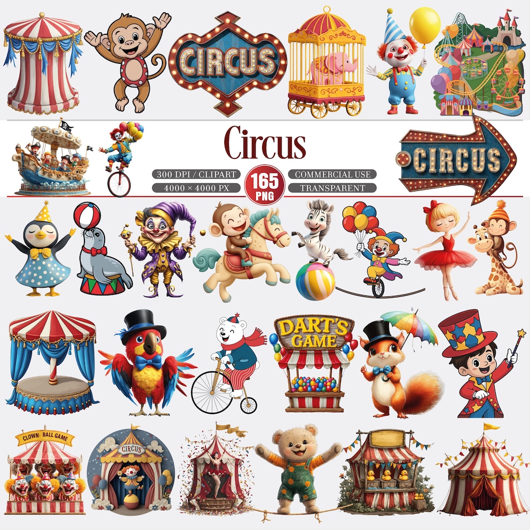 Circus Clipart Bundle Carnival Characters Animals 165 PNG - Etsy