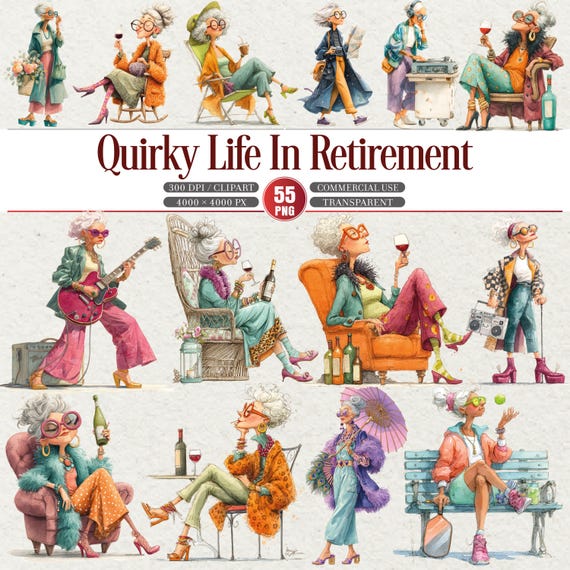 Quirky Life In Retirement Clipart Bundle 55 PNG Characters