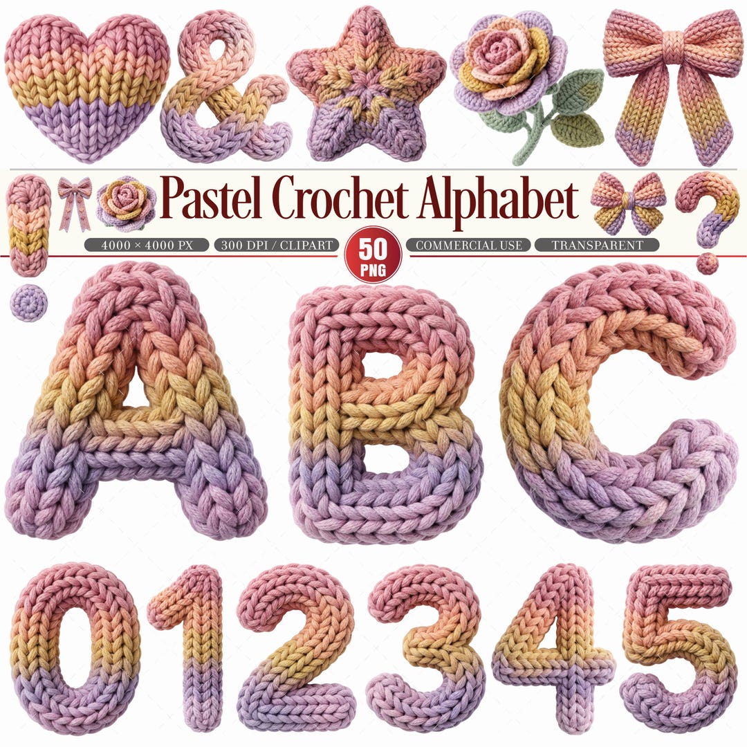 Pastel Crochet Alphabet Clipart PNG Set - Etsy Australia