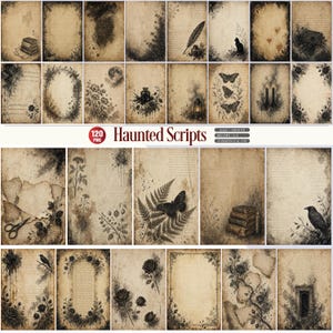 May include: A collection of 120 digital paper sheets titled Haunted Scripts, featuring aged parchment textures with dark ink illustrations of ravens, roses, butterflies, books, candles, and botanical elements in a sepia and black colour palette.
