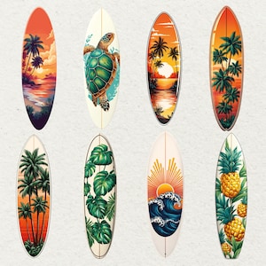 May include: Eight surfboards with tropical designs. The boards feature sunset scenes, palm trees, a sea turtle, monstera leaves, a pineapple, and ocean waves. The colour palette includes orange, yellow, green, and blue.