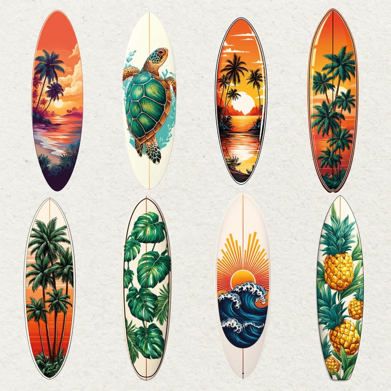 May include: Eight surfboards with tropical designs. The boards feature sunset scenes, palm trees, a sea turtle, monstera leaves, a pineapple, and ocean waves. The colour palette includes orange, yellow, green, and blue.