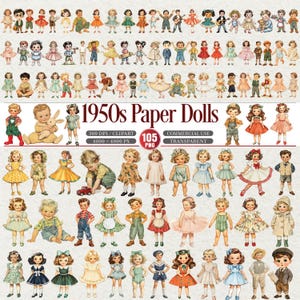 May include: A collection of vintage paper doll illustrations from the 1950s. The image features numerous dolls in various outfits, including dresses, overalls, and suits. The dolls are in a variety of poses, and the image includes text that reads "1950s Paper Dolls."