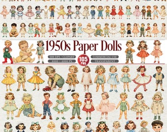 1950s Vintage Paper Dolls Clipart Bundle PNG 300 DPI
