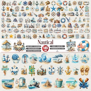 Pode incluir: Uma coleção de clip art digital com tema náutico em estilo aquarela. As imagens incluem âncoras, conchas, veleiros, faróis, boias salva-vidas e placas de praia. A palavra "Nautical" é exibida em negrito, juntamente com o número "145" e o texto "PNG".