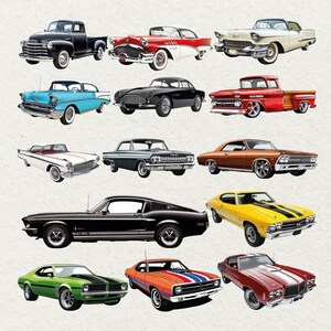 May include: An assortment of classic vintage cars in diverse colours, including black, red, blue, green, and yellow. The image showcases a variety of car models, such as trucks, coupes, and convertibles, highlighting classic automotive design.