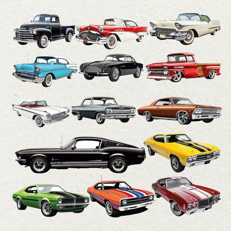 May include: An assortment of classic vintage cars in diverse colours, including black, red, blue, green, and yellow. The image showcases a variety of car models, such as trucks, coupes, and convertibles, highlighting classic automotive design.