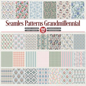 Puede incluir: Una colección de patrones sin costuras en varios diseños y colores. Se muestran patrones florales, geométricos y a rayas, incluyendo rosas, hojas y diseños de enrejado. El texto "Seamless Patterns Grandmillennial" es visible.