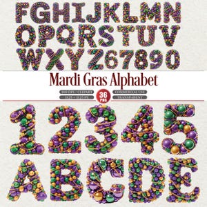 May include: A Mardi Gras alphabet and number set, featuring letters and numbers from A to Z and 1 to 0. Each character is adorned with purple, green, and gold beads, creating a festive and decorative design. The image also includes the text "Mardi Gras Alphabet".