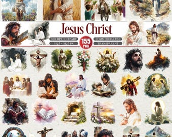 May include: A set of 20 watercolour illustrations depicting scenes from the life of Jesus Christ. The images include the crucifixion, interactions with people, and moments of prayer. The text "Jesus Christ" is displayed in red, along with image size and file type details.