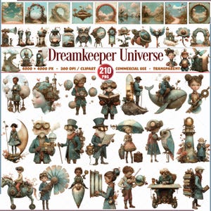 May include: A collection of whimsical digital clip art illustrations with a steampunk theme. The images feature characters, architectural elements, and decorative objects in muted blues, greens, and browns. Text reads "Dreamkeeper Universe".