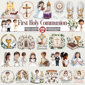 以下が含まれることがあります： 初聖体拝領をテーマにしたデジタルクリップアートのコレクション。聖体拝領の衣装を着た子供たち、十字架、聖杯、鳩、花の配置などの画像が含まれています。「First Holy Communion」のテキストが表示されています。