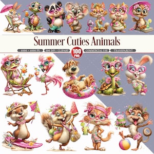 May include: A digital collection of Summer Cuties Animals clipart featuring various cartoon animals like rabbits, turtles, pandas, koalas, cats, hamsters, owls, frogs, flamingos, dogs, otters, squirrels, and monkeys wearing summer accessories.