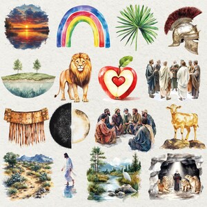 May include: A collection of watercolor illustrations featuring a sunset, rainbow, palm leaf, and a Roman helmet. Other images include a lion, an apple with a heart, and a group of people. The theme appears to be religious or inspirational.