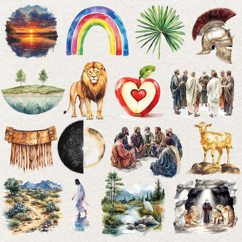 May include: A collection of watercolor illustrations featuring a sunset, rainbow, palm leaf, and a Roman helmet. Other images include a lion, an apple with a heart, and a group of people. The theme appears to be religious or inspirational.