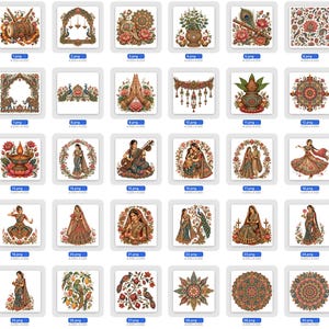 K&ouml;nnte beinhalten: Eine Sammlung von drei&szlig;ig quadratischen digitalen Illustrationen mit komplexen, indisch inspirierten Motiven, darunter traditionelle Musikinstrumente, Blumenmuster, Mandalas und Figuren in verzierter Kleidung, in einem Raster angeordnet.