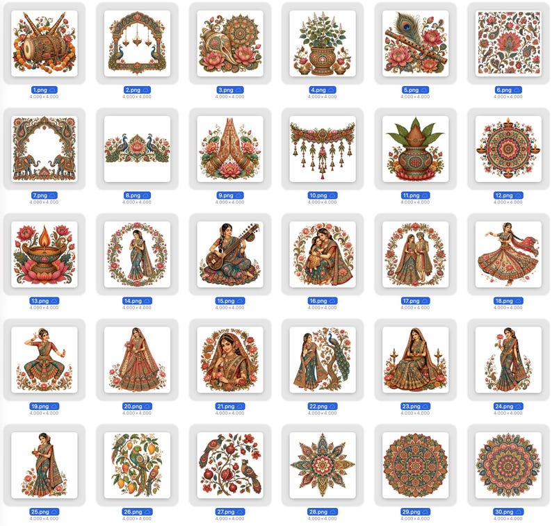 K&ouml;nnte beinhalten: Eine Sammlung von drei&szlig;ig quadratischen digitalen Illustrationen mit komplexen, indisch inspirierten Motiven, darunter traditionelle Musikinstrumente, Blumenmuster, Mandalas und Figuren in verzierter Kleidung, in einem Raster angeordnet.