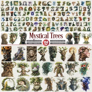 May include: A collection of watercolor illustrations featuring mystical trees with faces, foliage, and various expressions. The images are in shades of green, brown, and other natural colors. The text "Mystical Trees" is displayed with additional details about the images.