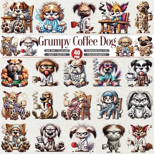 Könnte beinhalten: Eine Sammlung von Illustrationen von Hunden mit grimmigen Ausdrücken, die jeweils eine Kaffeetasse halten. Einige Hunde tragen Pyjamas oder Bademäntel, und der Text "Grumpy Coffee Dog" wird angezeigt. Die Bilder sind in verschiedenen Farben und Stilen.