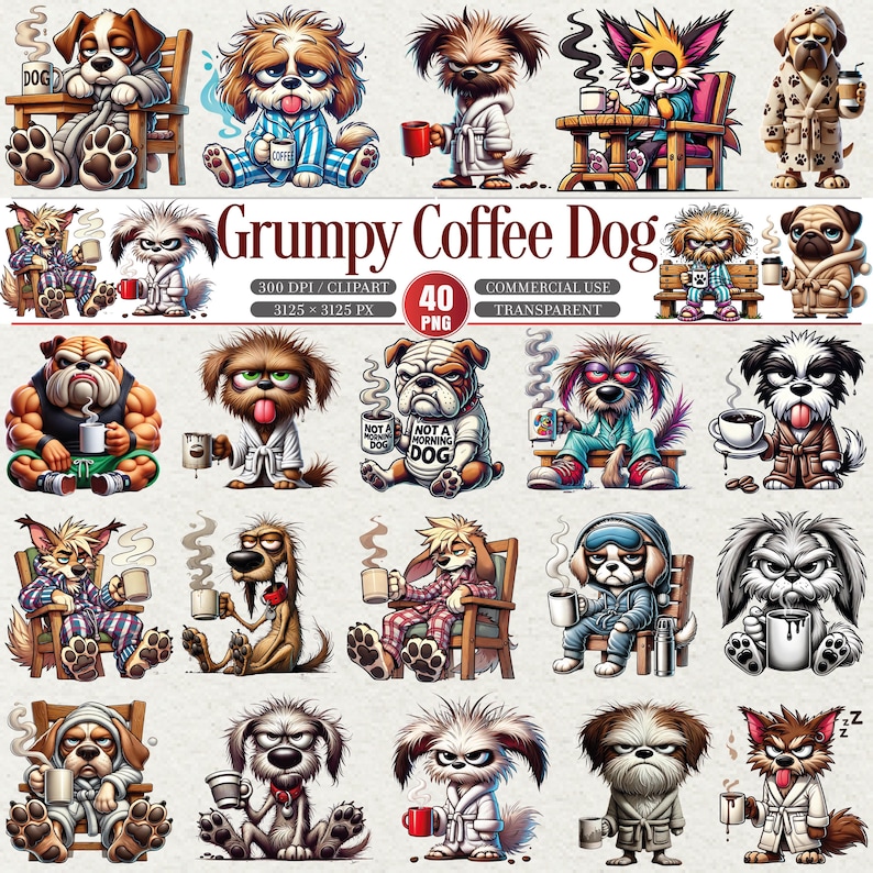 Grumpy Coffee Dog Clipart Bundle With 40 Transparent PNG - Etsy