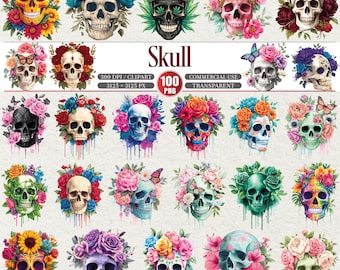 Puede incluir: Una colección de arte digital de ilustraciones de calaveras coloridas, cada una adornada con arreglos florales y mariposas. Las calaveras presentan varios colores, incluyendo dorado, negro, azul y verde, y están decoradas con rosas, girasoles y otras flores. La palabra "Skull" se muestra en el centro.