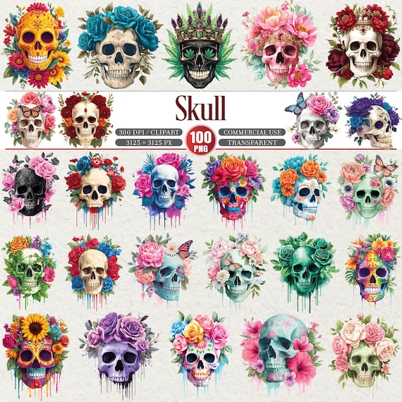 Floral Skull Clipart Bundle PNG Sugar Skull Art