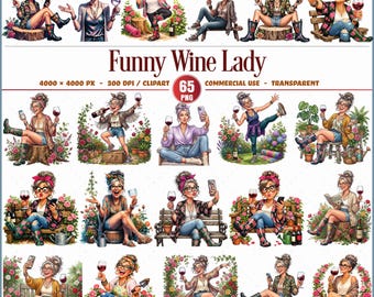Paquete de imágenes prediseñadas de una mujer de vino divertida, colección PNG de una mujer de vino atrevida