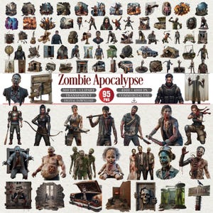 Puede incluir: Un conjunto gráfico de descarga digital titulado "Apocalipsis Zombi" con varias ilustraciones temáticas de zombis. El conjunto incluye imágenes de zombis, armas y escenas apocalípticas. El conjunto es de 300 DPI, transparente y 4000 x 4000 px. El conjunto incluye 95 archivos PNG.