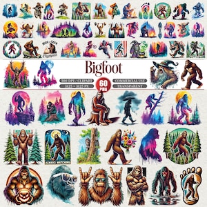 Könnte beinhalten: Eine Sammlung von Bigfoot-Illustrationen in verschiedenen Posen und Umgebungen. Die Bilder zeigen den Text "Bigfoot", "Hide-Seek Champion" und "Always Watching". Die Illustrationen sind farbenfroh und umfassen eine Vielzahl von Hintergründen und Stilen.