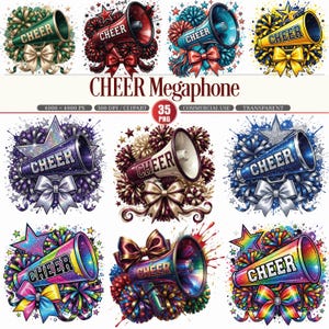 May include: A selection of vibrant megaphone illustrations, each emblazoned with the word "CHEER". The designs are surrounded by pom-poms, bows, and stars. The colour palette includes green, red, blue, yellow, purple, and a rainbow effect, creating a lively aesthetic.