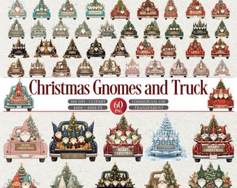 May include: A collection of digital illustrations featuring Christmas gnomes and trucks. The trucks are decorated with Christmas trees and gnomes, with the text "Merry Christmas" on some. The image includes the text "Christmas Gnomes and Truck".