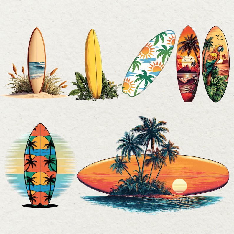 May include: Several surfboards with diverse designs are displayed. One has a beach scene, another is yellow, and others feature palm trees, sunsets, and a parrot. The surfboards are set against a neutral background, creating a tropical theme.