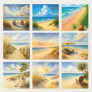 May include: Nine square paintings depict serene beach scenes. Each features a sandy beach, blue ocean, and sky with clouds. Some include beach chairs, umbrellas, and boardwalks. The artwork evokes a sense of calm and relaxation, perfect for coastal decor.