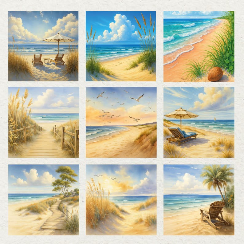 May include: Nine square paintings depict serene beach scenes. Each features a sandy beach, blue ocean, and sky with clouds. Some include beach chairs, umbrellas, and boardwalks. The artwork evokes a sense of calm and relaxation, perfect for coastal decor.