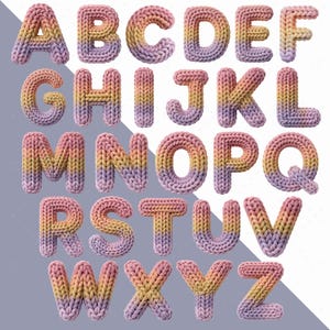 May include: A complete alphabet of knitted letters in a gradient of colours, including pink, yellow, and purple. The letters are three-dimensional and appear soft, ideal for crafts or decorative purposes. The background is a gradient of grey and white.