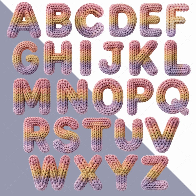 May include: A complete alphabet of knitted letters in a gradient of colours, including pink, yellow, and purple. The letters are three-dimensional and appear soft, ideal for crafts or decorative purposes. The background is a gradient of grey and white.
